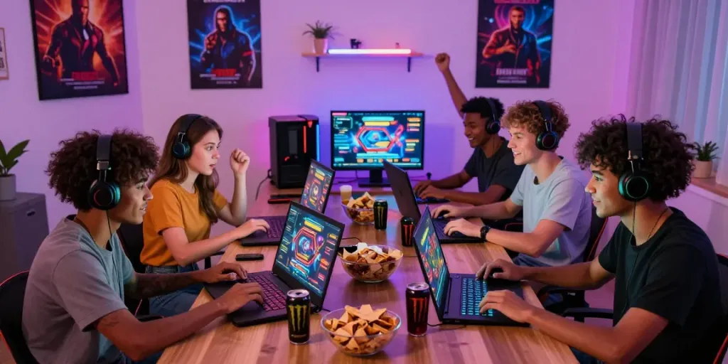 Experience thrilling online gaming at https://www.78wind.love/ with friends in a vibrant home setting.