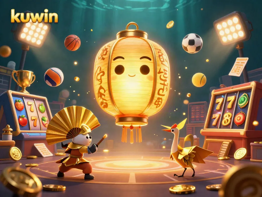 Kuwin offers a vibrant 3D casino experience showcasing golden lanterns and dynamic gaming elements.