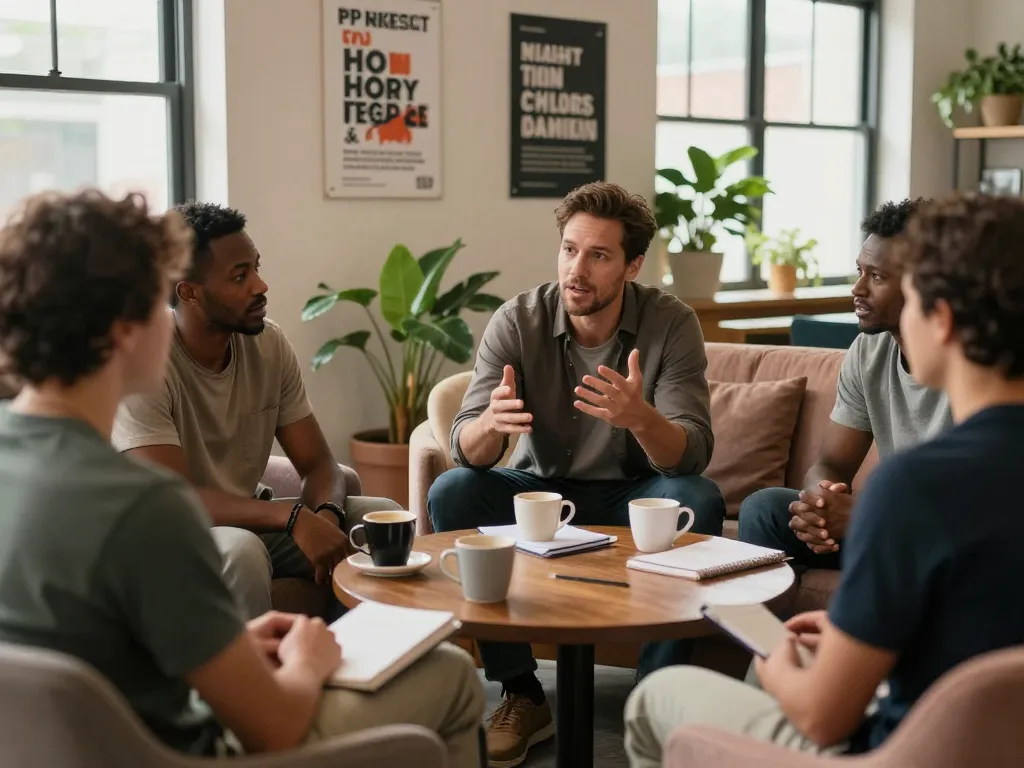 Men discussing experiences in a supportive manclub atmosphere with coffee cups and notebooks