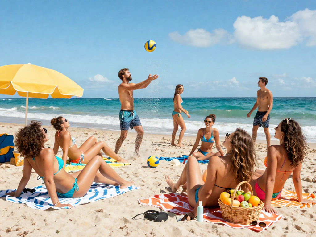 Friends enjoying a sunny beach day with vibrant BIKINISLOT swimsuits, laughter, and ocean waves.