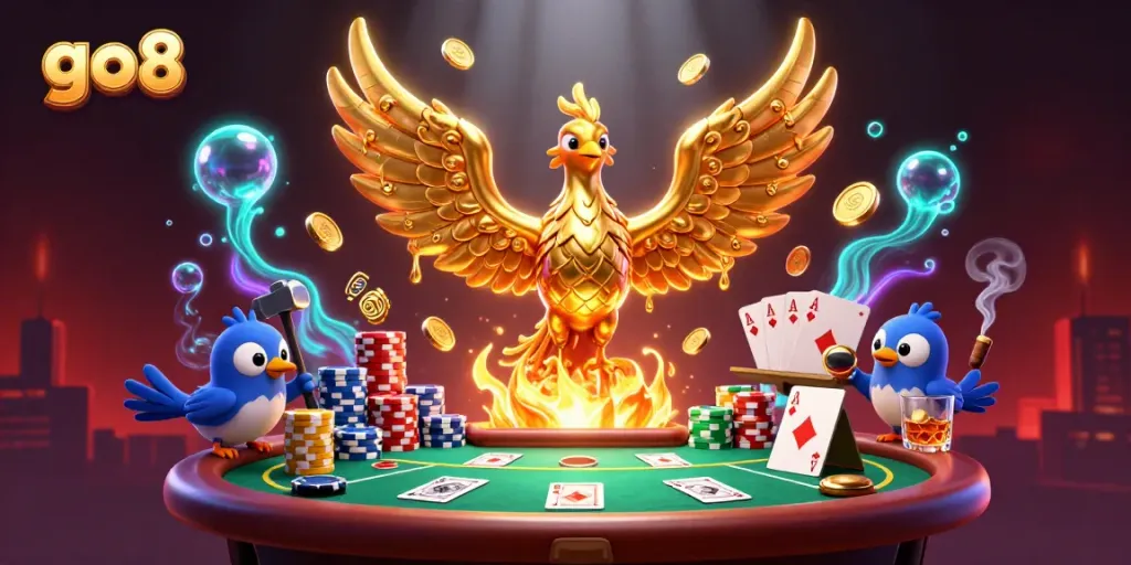 Experience the dynamic gold and casino-themed scene with the go8 phoenix rising from a forge, rich casino elements.