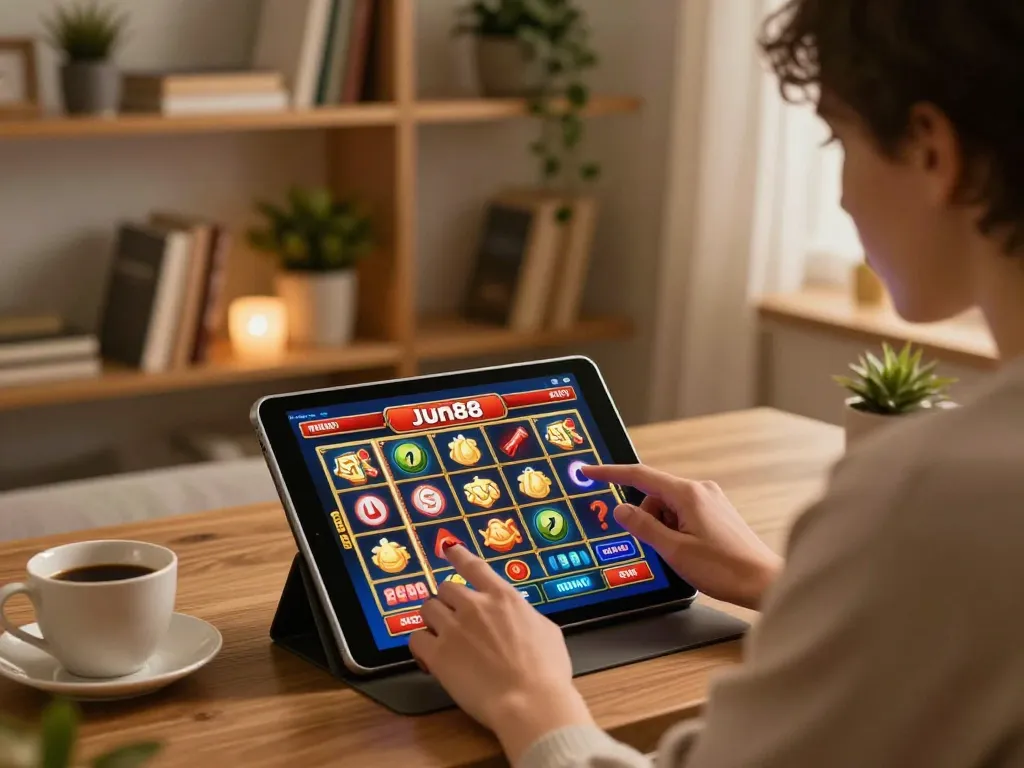 Player enjoying online slots with Jun88 on tablet in cozy home setting.