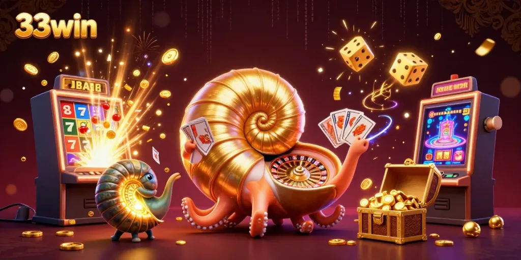 Experience the thrill of 33win with a vibrant casino scene featuring an ancient nautilus roulette wheel and jackpot bursts.