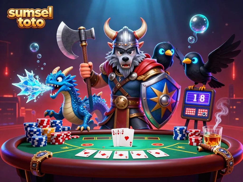 Engage with sumsel toto featuring a Viking wolf warrior, fierce dragon, and raven at a vibrant poker table