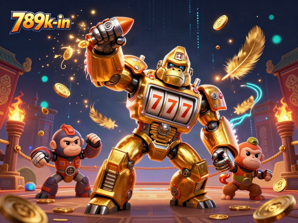Engage with thrilling 789k-in action featuring a golden gorilla mech surrounded by vibrant casino elements.