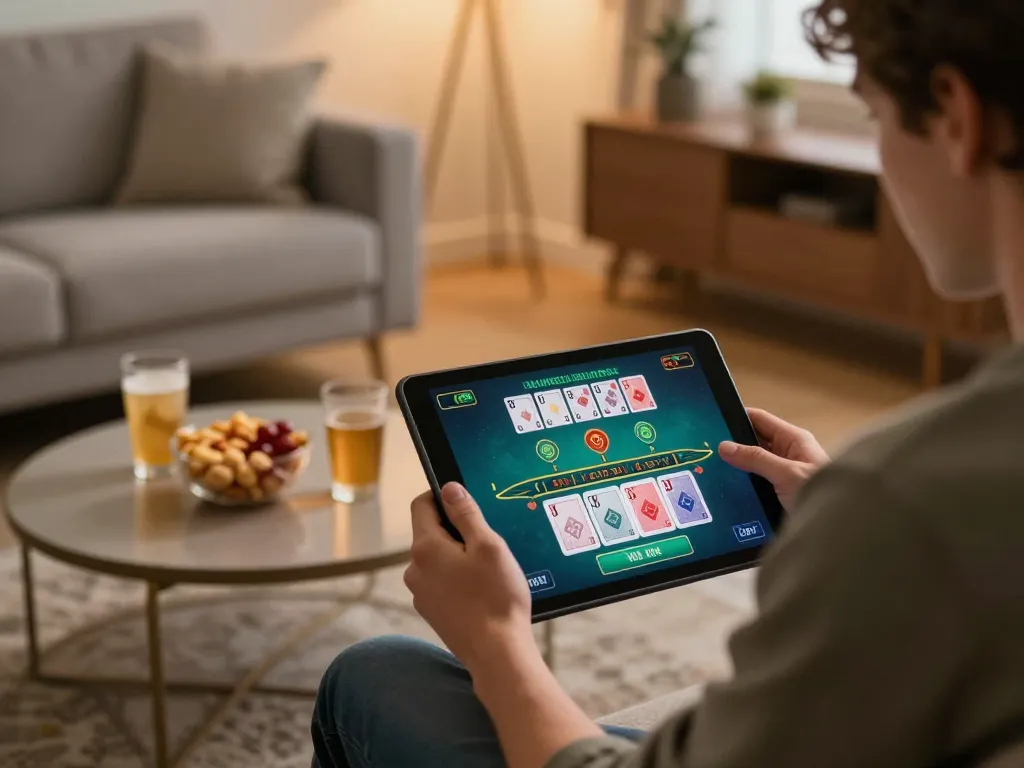 Player enjoying live dealer baccarat on LV88F tablet in a cozy home setting