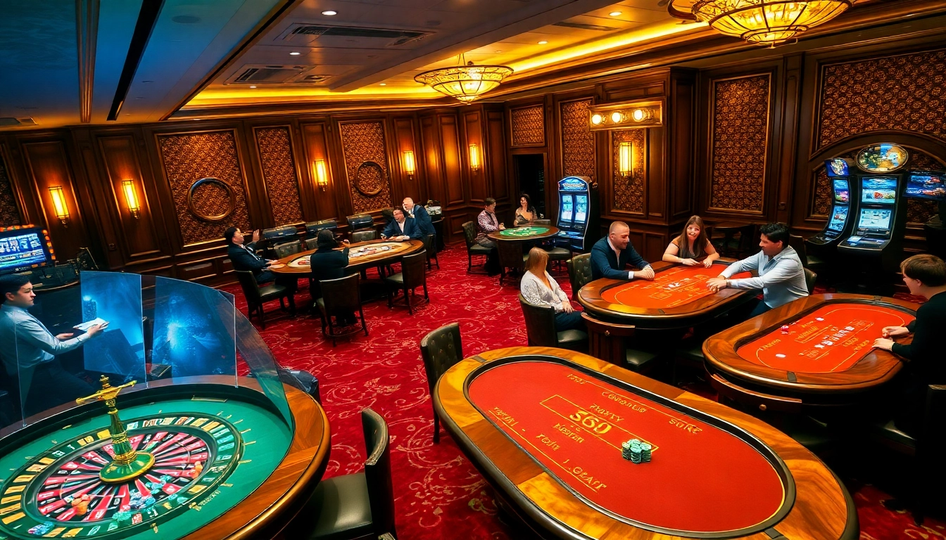 This stunning casino scene captures the excitement of gambling with vibrant games at https://s666hn.com/, showcasing players at poker tables.