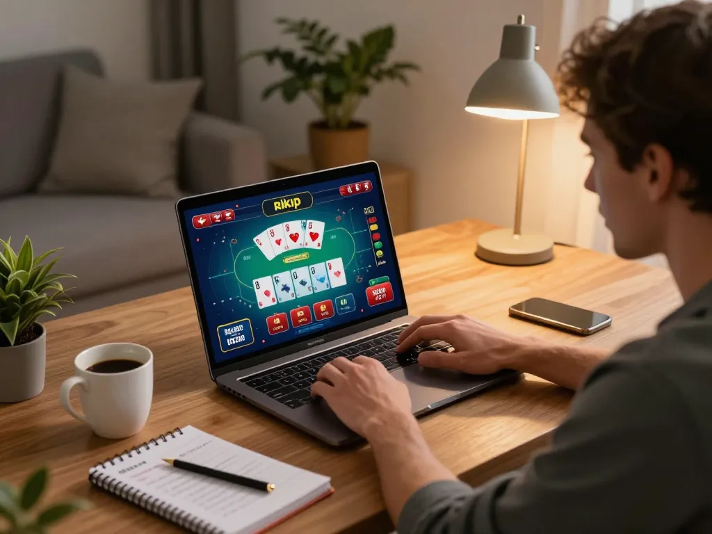 Engaging in rikvip poker gameplay at home, showcasing a cozy gaming setup.
