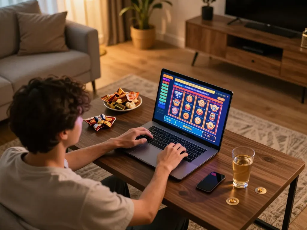Engaging in online dh88 gaming with a modern setup, displaying vibrant casino graphics on the screen.