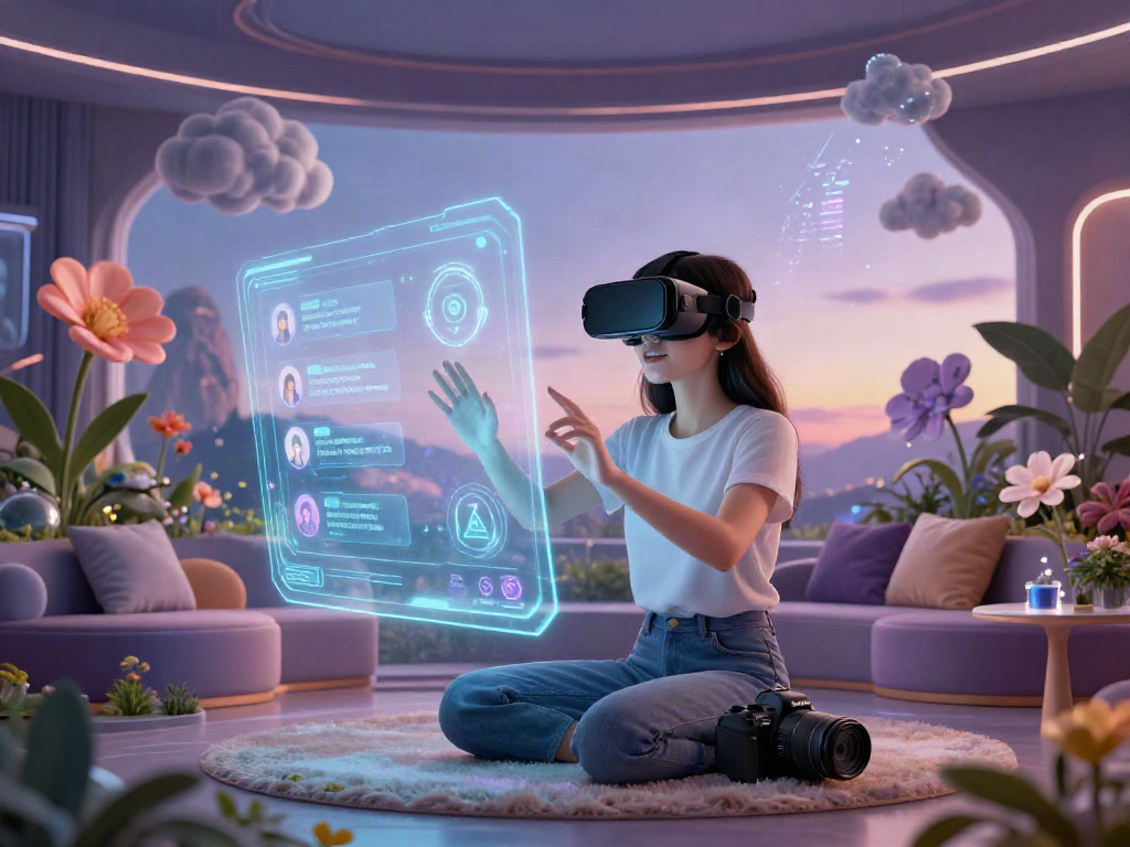 AI girlfriend avatar engaging in a surreal digital landscape with holographic displays and interactive elements.