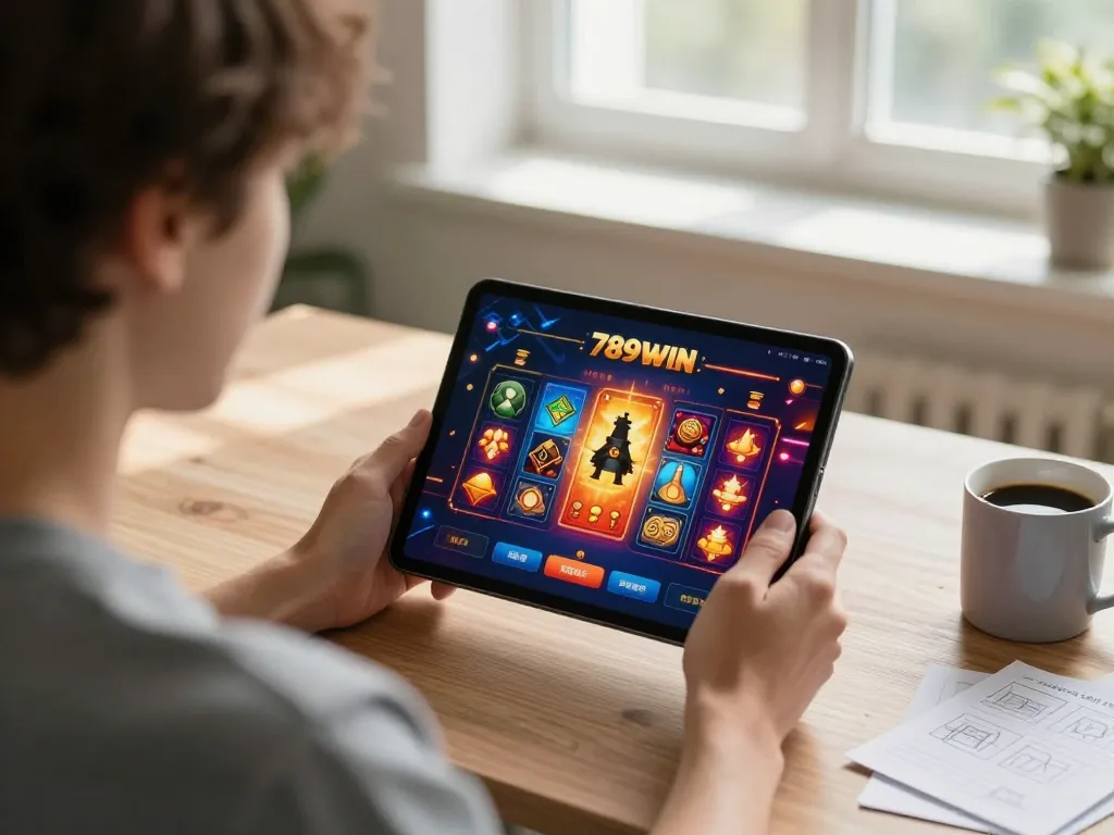Engaging gameplay on 789WIN casino app shown on a tablet, with strategic notes in a cozy home office.