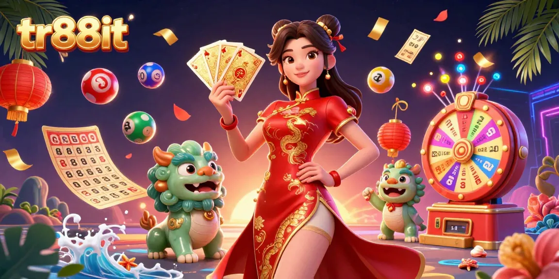 Experience exciting wins with tr88it as a woman in a qipao showcases golden playing cards amidst dynamic gambling elements.