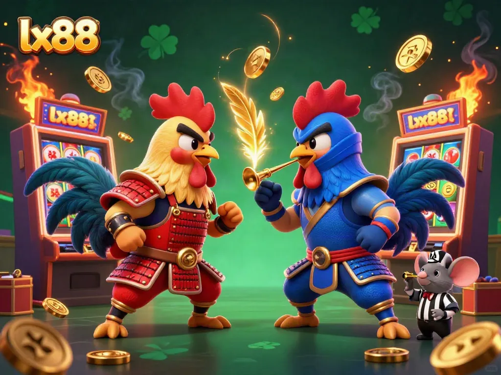 Experience exciting cockfighting action with lx88's thrilling 3D duel scene featuring samurai and ninja roosters.