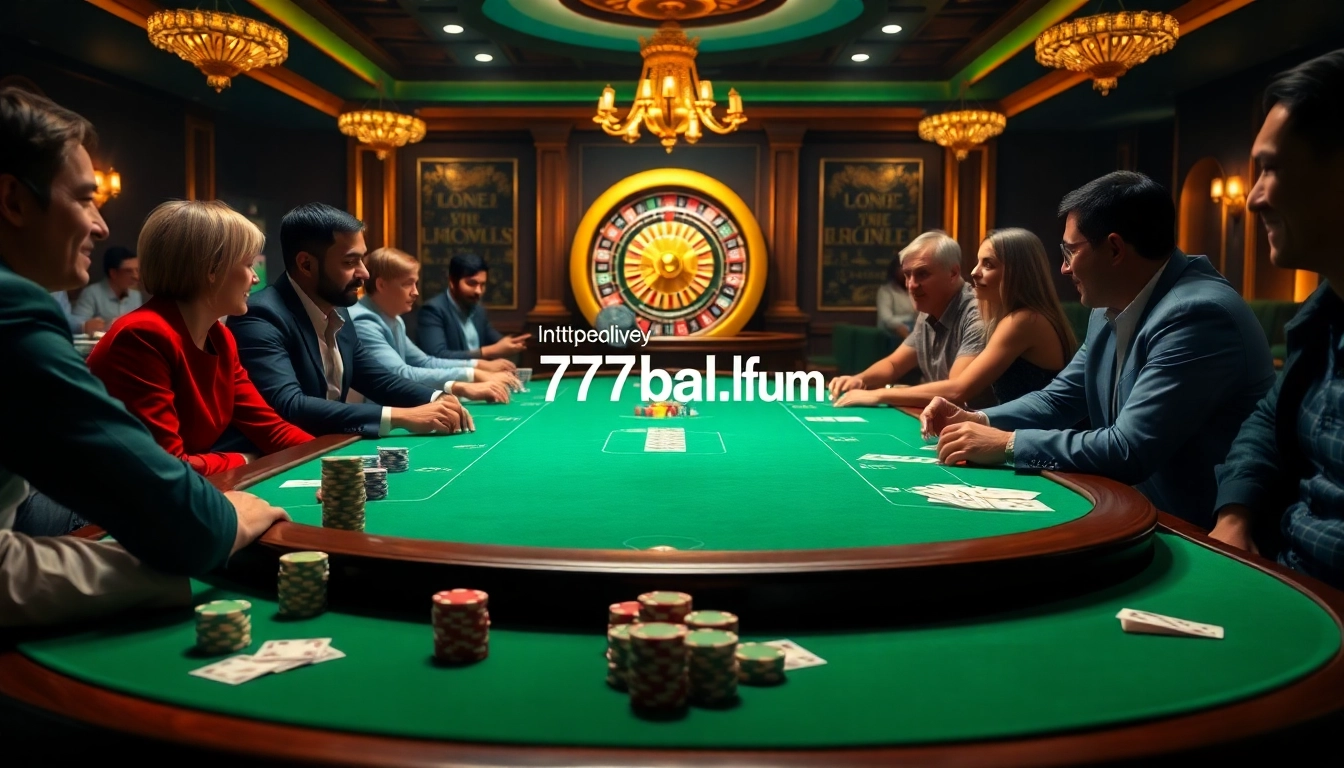 Engage in thrilling gameplay at https://77ball.fun/ with an exciting poker table scene showcasing vibrant chips and cards.
