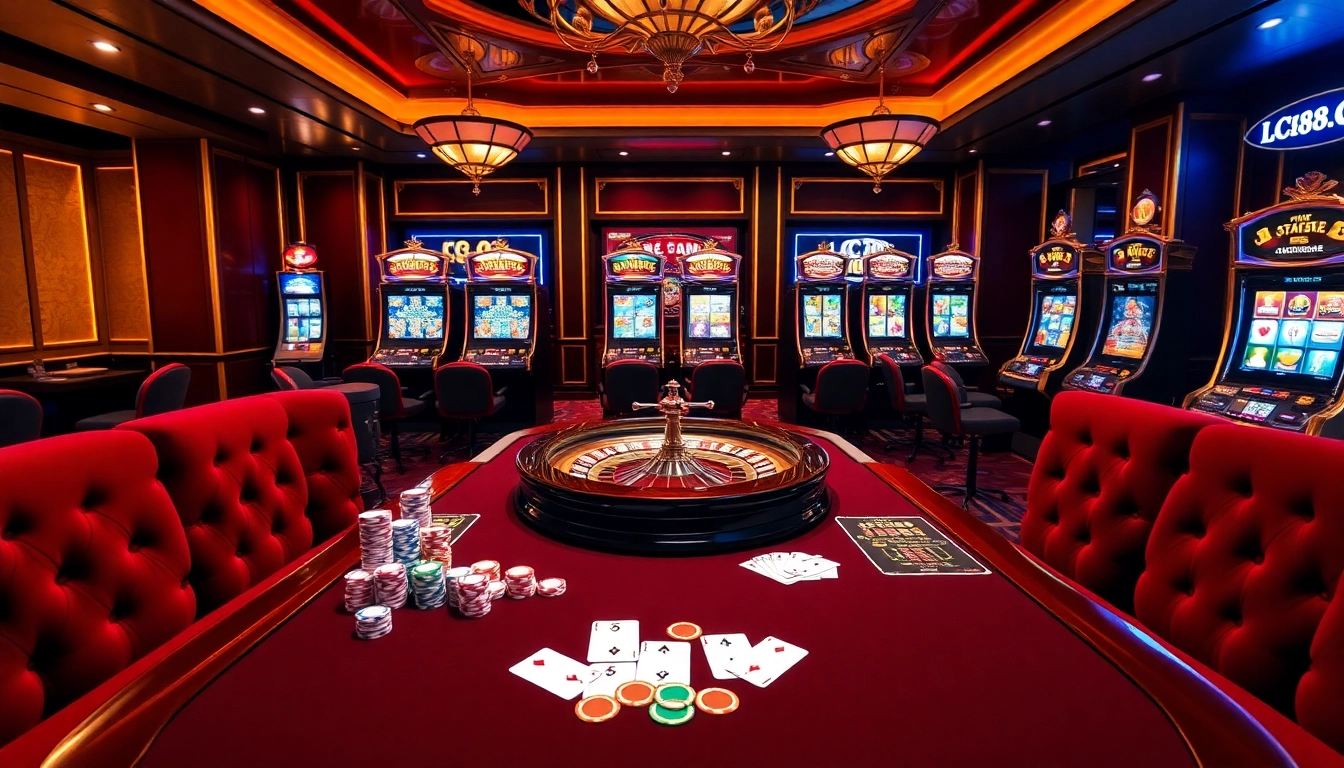 Experience thrilling gameplay at LC88.COM with vibrant casino visuals showcasing poker chips and roulette.