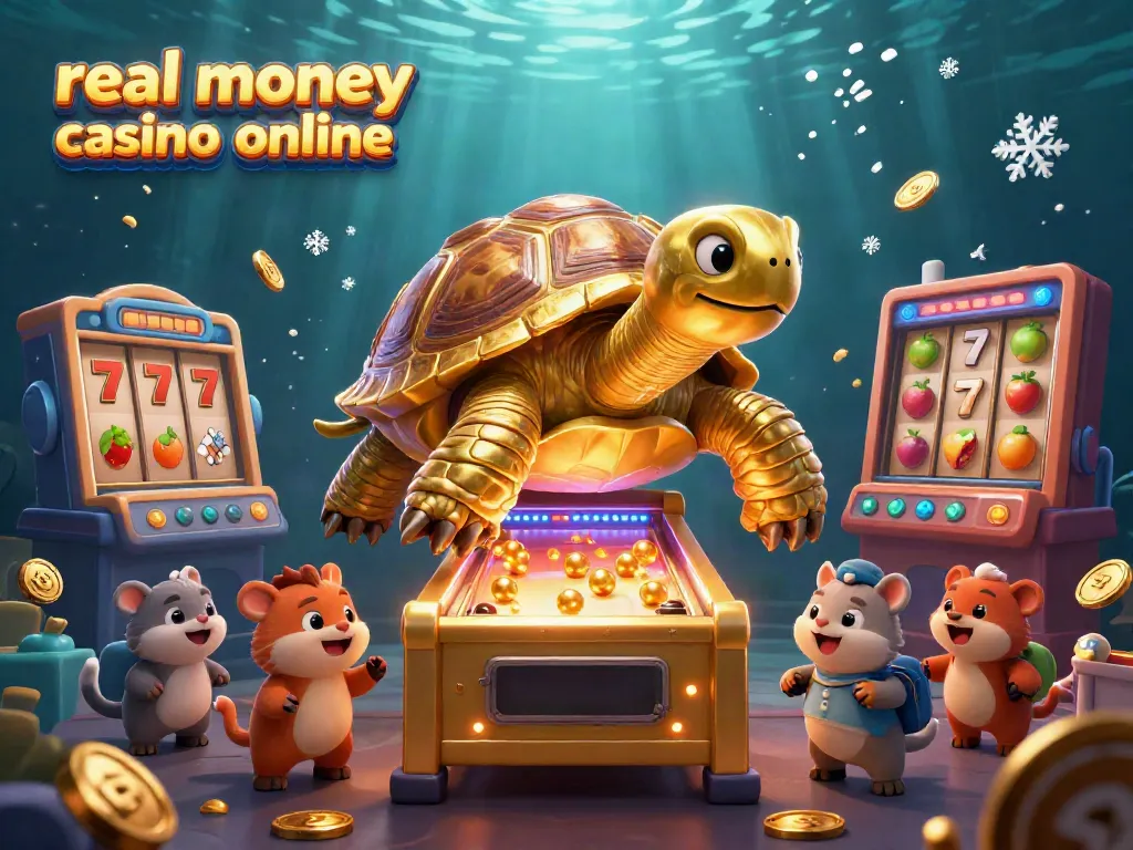 Experience excitement at a real money casino online with a vibrant 3D scene featuring a golden tortoise as a gaming centerpiece.