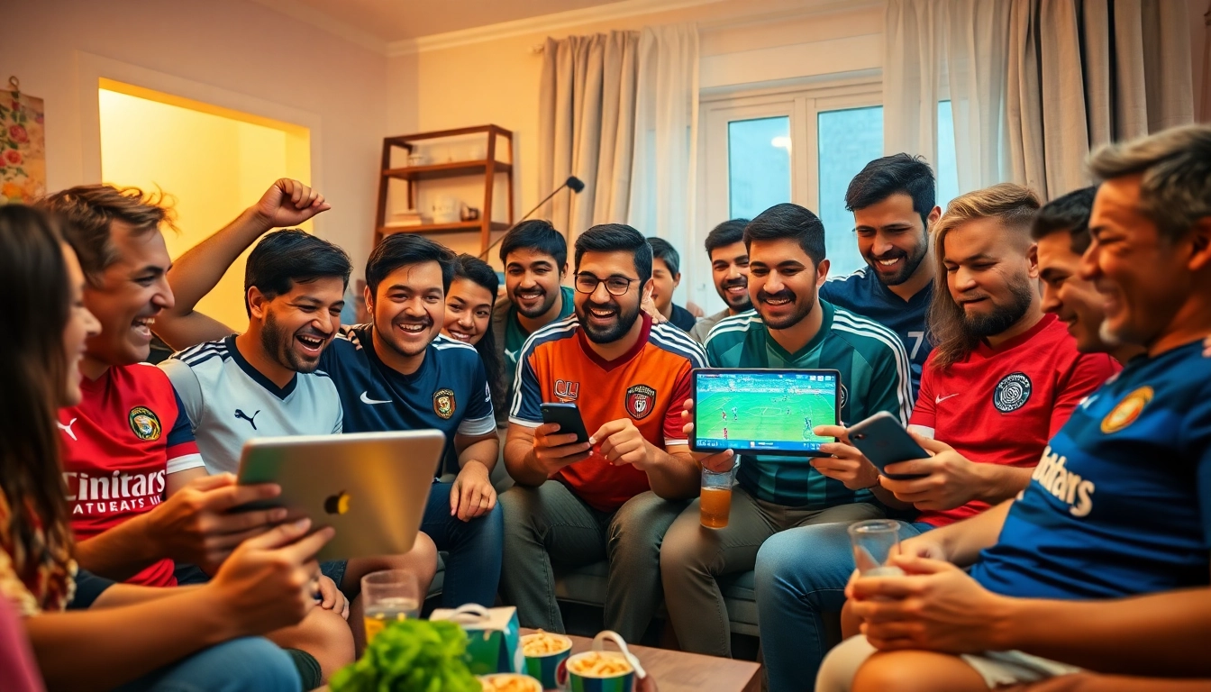 CakhiaTV fans enjoying a live football match together, cheering and celebrating.