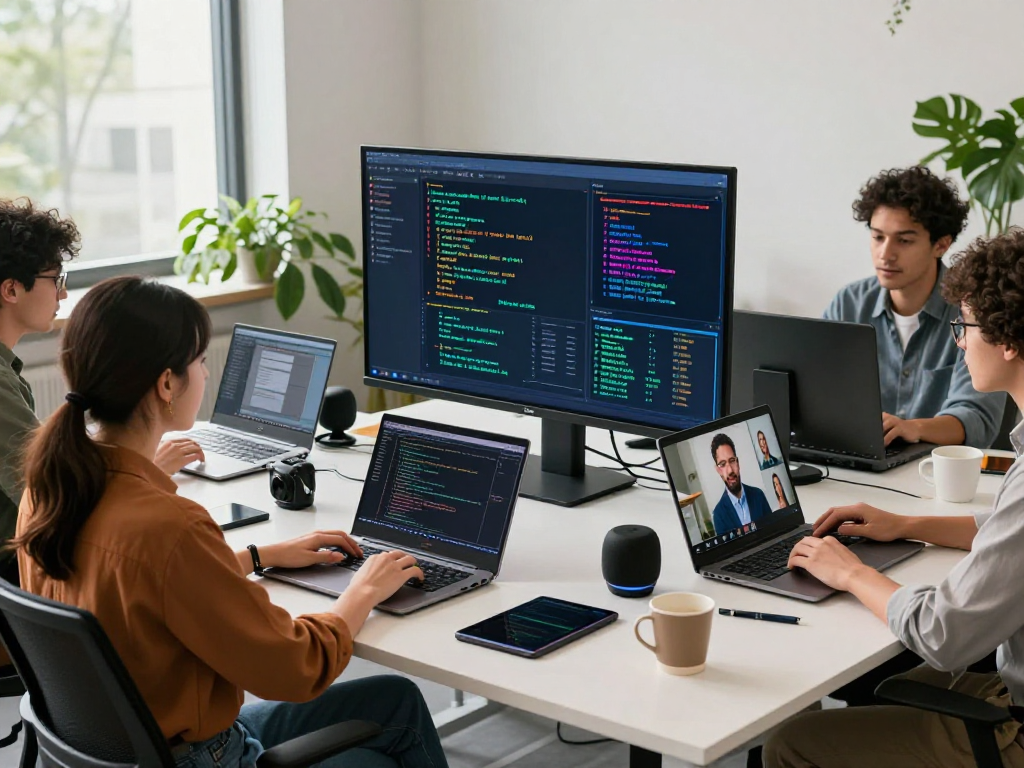 Team of developers using innovative technology in an AI-focused workspace while coding collaboratively.