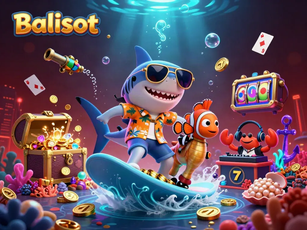 Engage with Balislot's exciting casino scene featuring characters and games in a vibrant digital illustration.
