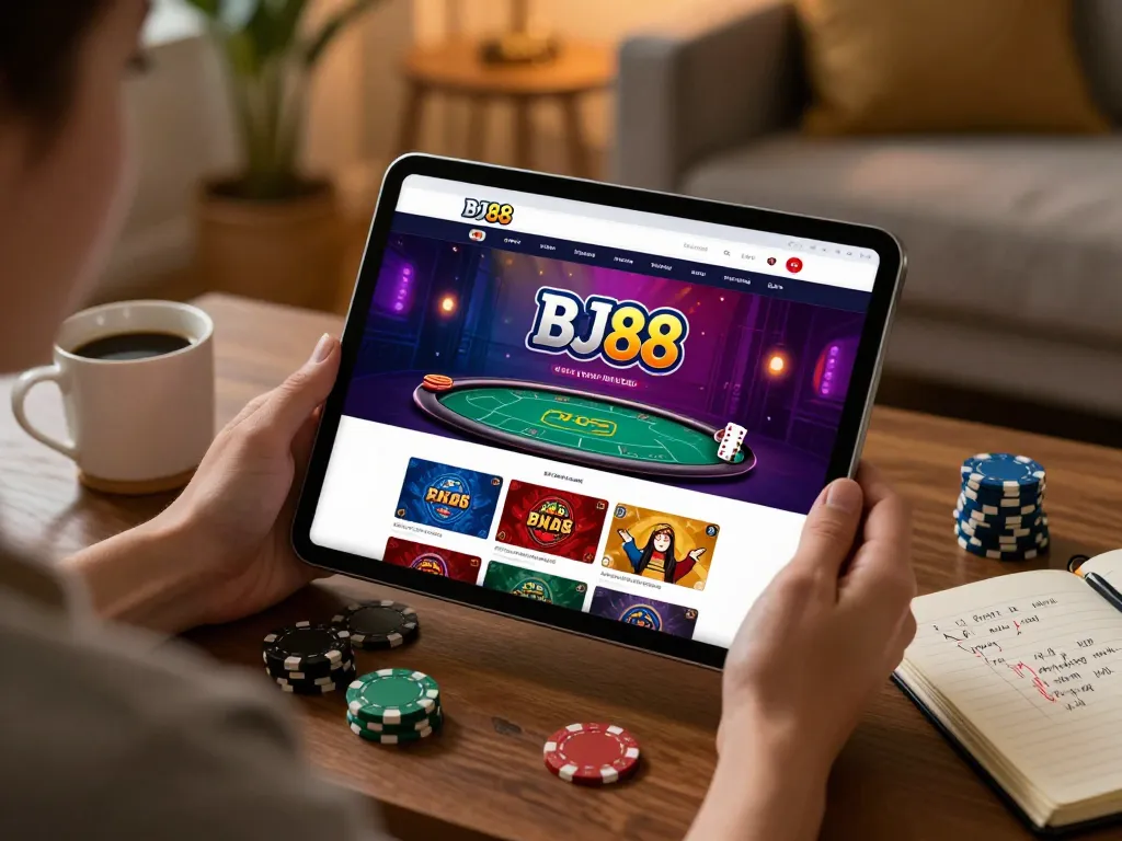 Engaging online gaming on a tablet featuring BJ88 in a cozy living room.