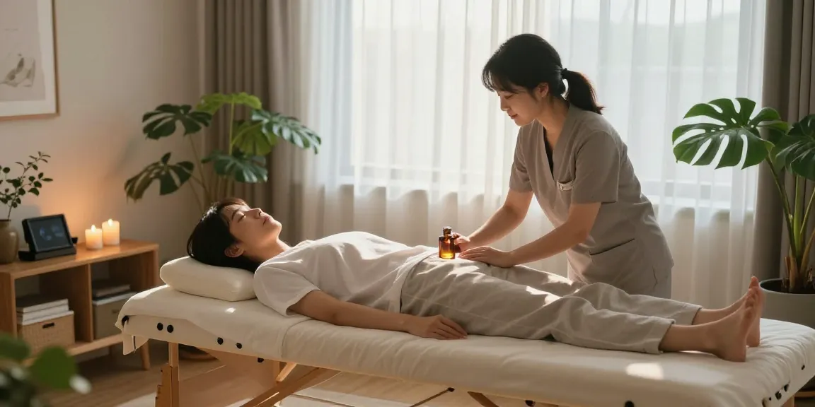 Relaxing 도봉구출장마사지 session in a serene home environment with soothing elements.