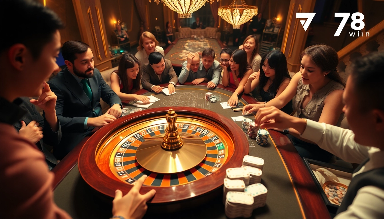 Players celebrating a win at a glamorous 789 win casino table with cards and poker chips.