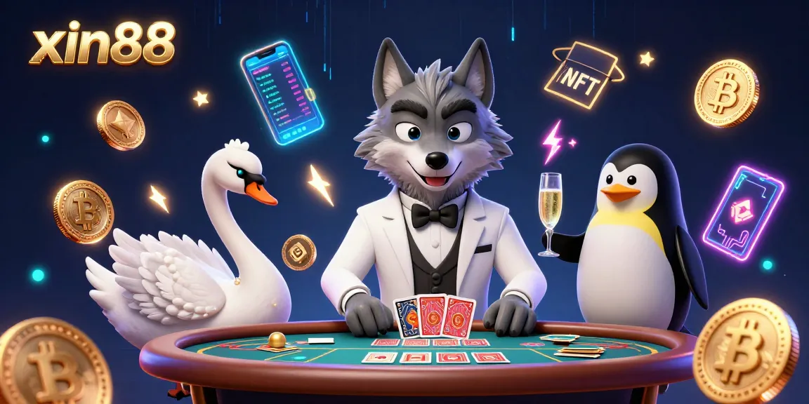 Experience excitement in xin88 with a debonair wolf at a baccarat table, champagne, and crypto elements.