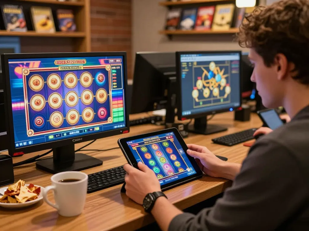 Player engaging with tg887 slot game on tablet in cozy home gaming setup, showcasing strategic online gambling.