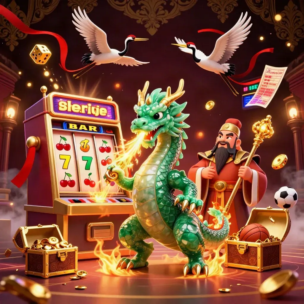 Dragon, turtle sage, cranes, slots, gold, sports ball icons in a luxe casino burst.