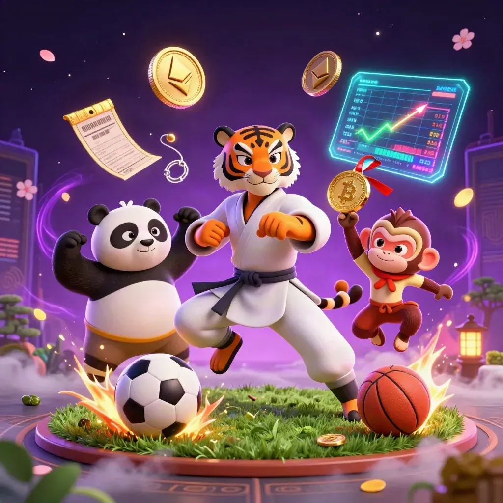 Kung-fu tiger, panda and monkey with neon casino sports effects on a turf pitch