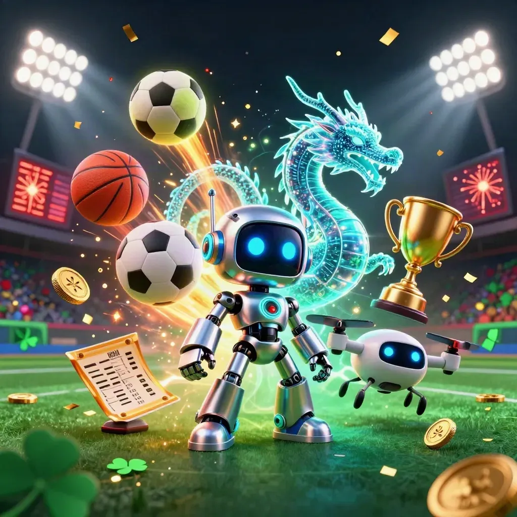 Robot mascot, holographic dragon, and coin drone amid flying sports balls, coins, and fireworks.