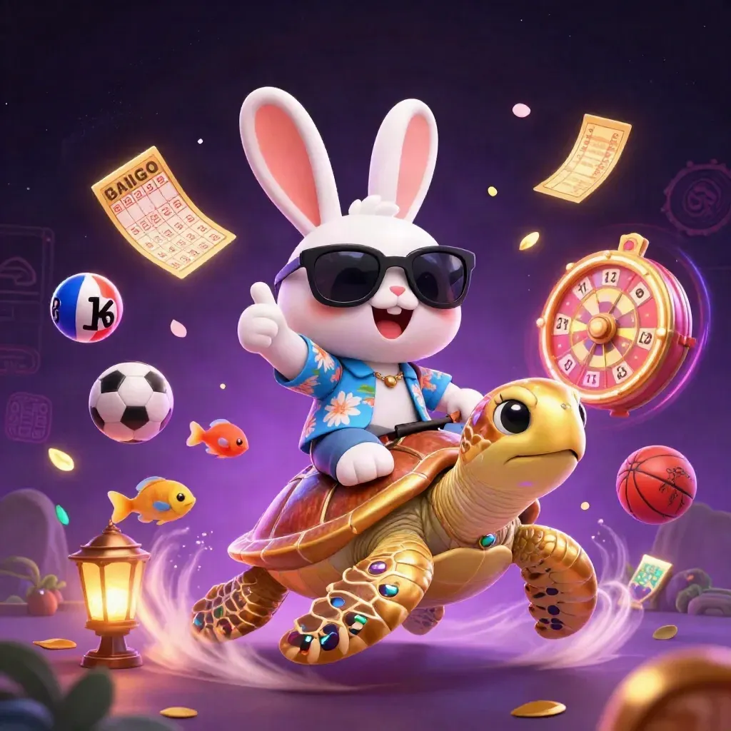 Rabbit rides a jeweled sea turtle amid casino symbols, glowing purple space, petals, and gold treasure.
