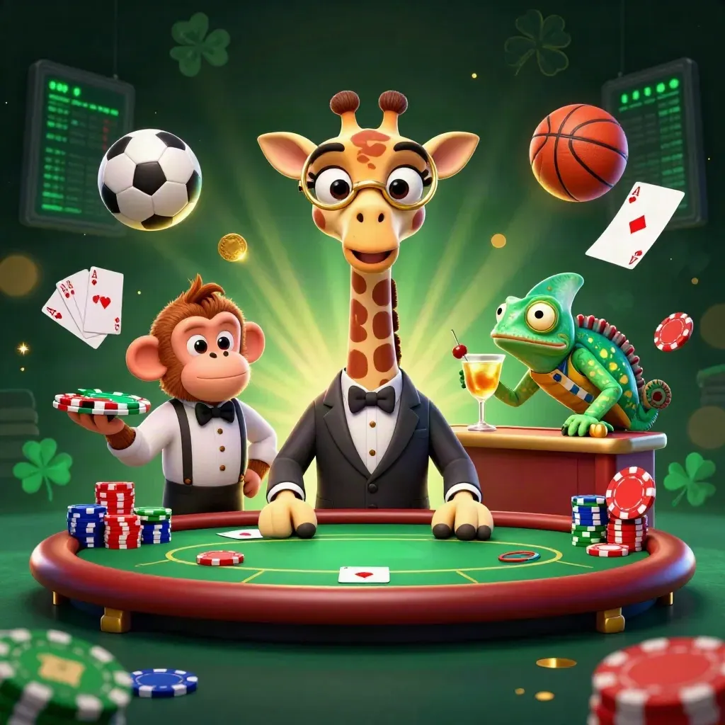Cartoon giraffe, monkey and chameleon at a VIP poker table with flying chips, balls and gold light