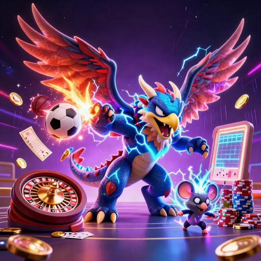 Thunder dragon, hawk, and mouse amid flying coins, cards, chips, and sports balls on a dark neon casino field.
