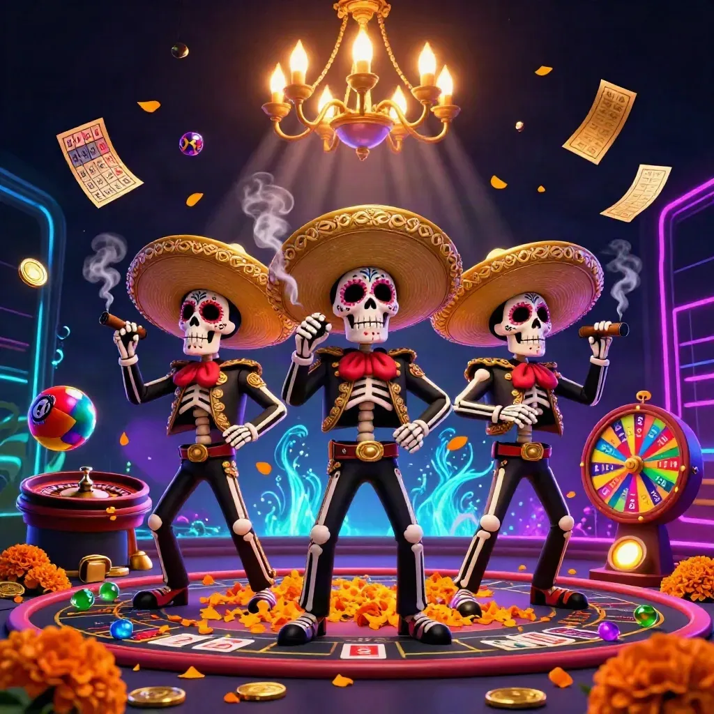 Three skeletal mariachis amid neon casino props, roulette wheel, lottery balls, and gold glow.