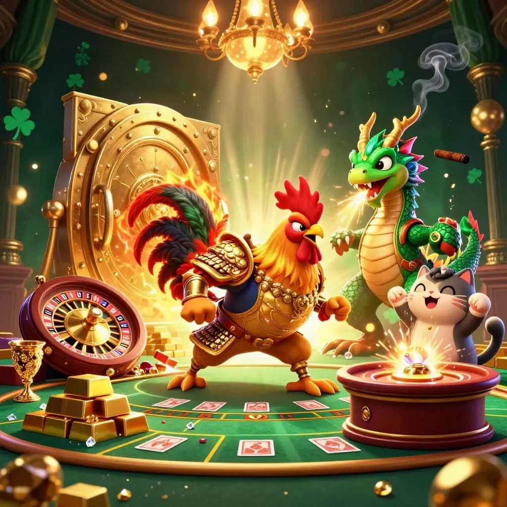 Rooster warrior, dragon hatchling, and fortune cat in a glowing casino vault of gold and sparks.