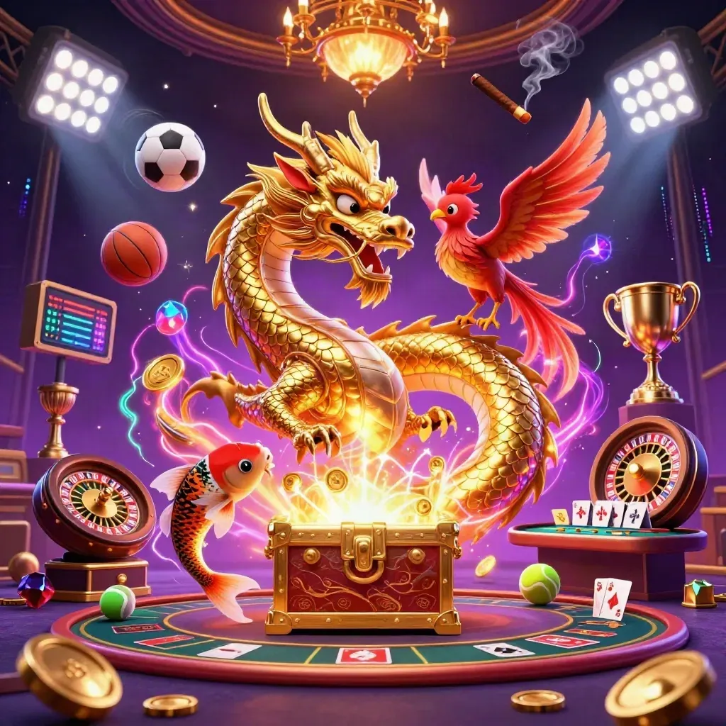 Golden dragon, phoenix and koi in neon casino light with coins, sports balls and a spinning roulette wheel