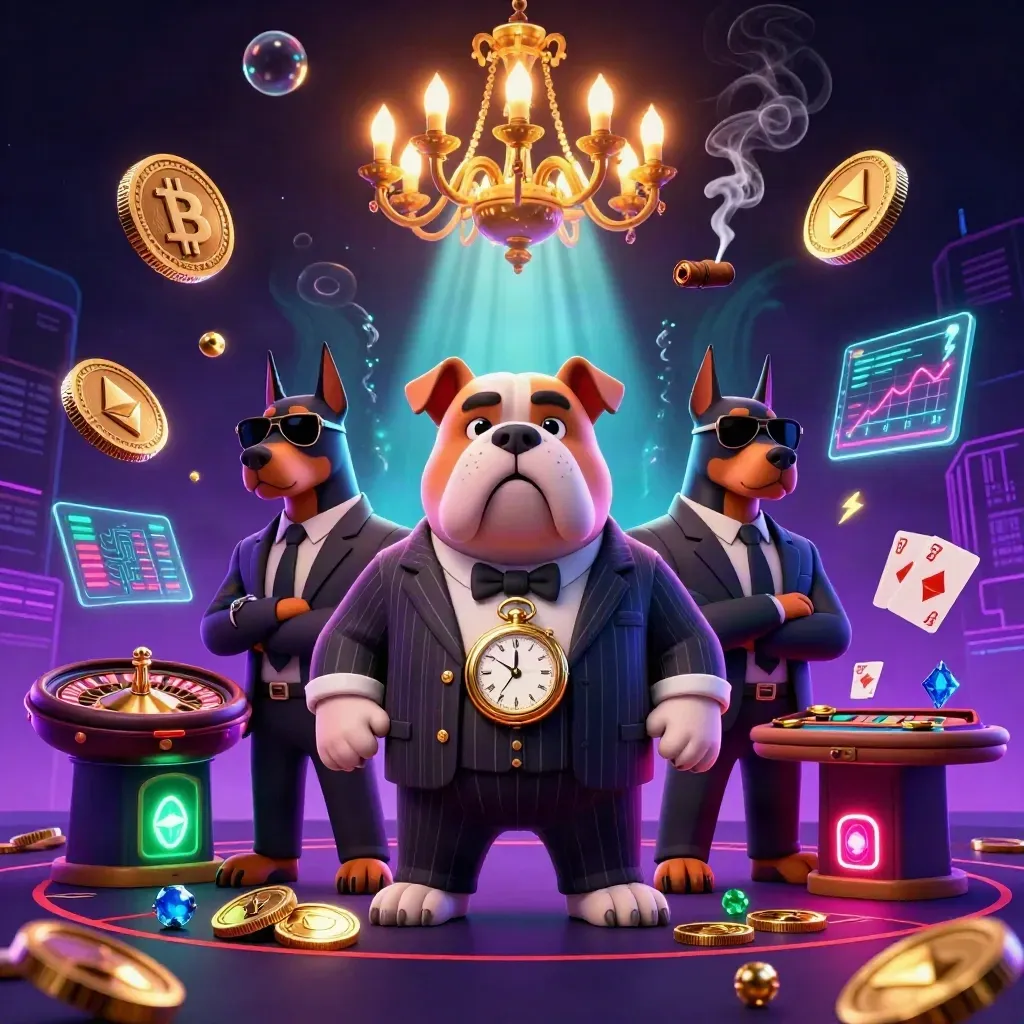 Bulldog mafia boss with Doberman guards in a neon casino, surrounded by glowing coins, charts, smoke, and light.