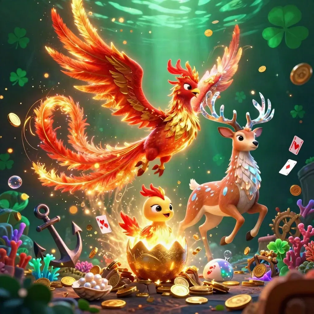 Phoenix, baby phoenix, and crystal-antler stag burst from a treasure cove of coins and coral.