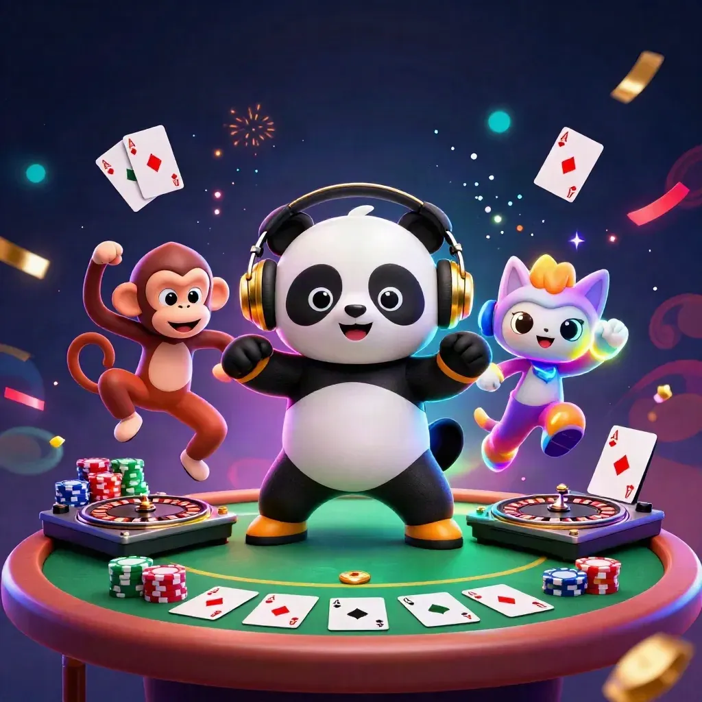 DJ panda, monkey, and glow kitten in a casino rave with chips, cards, and neon effects.