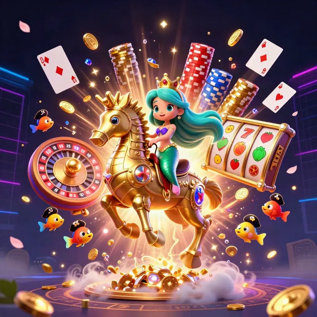 Mermaid princess rides armored seahorse amid coins, gems, chips, cards, and neon casino effects.