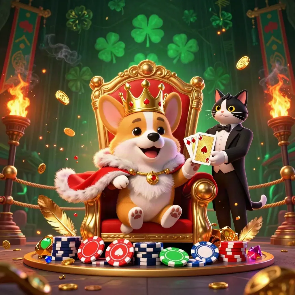 Royal corgi king and cat butler amid gold coins, temple gate, rope ring and ember glow.