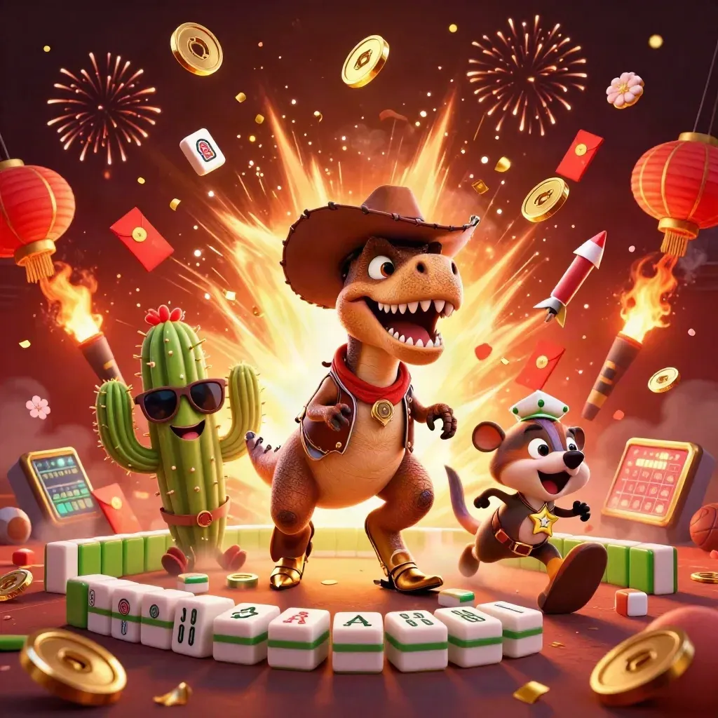 Cowboy T-Rex, cactus, and roadrunner amid casino gold, lanterns, fireworks, and embers.