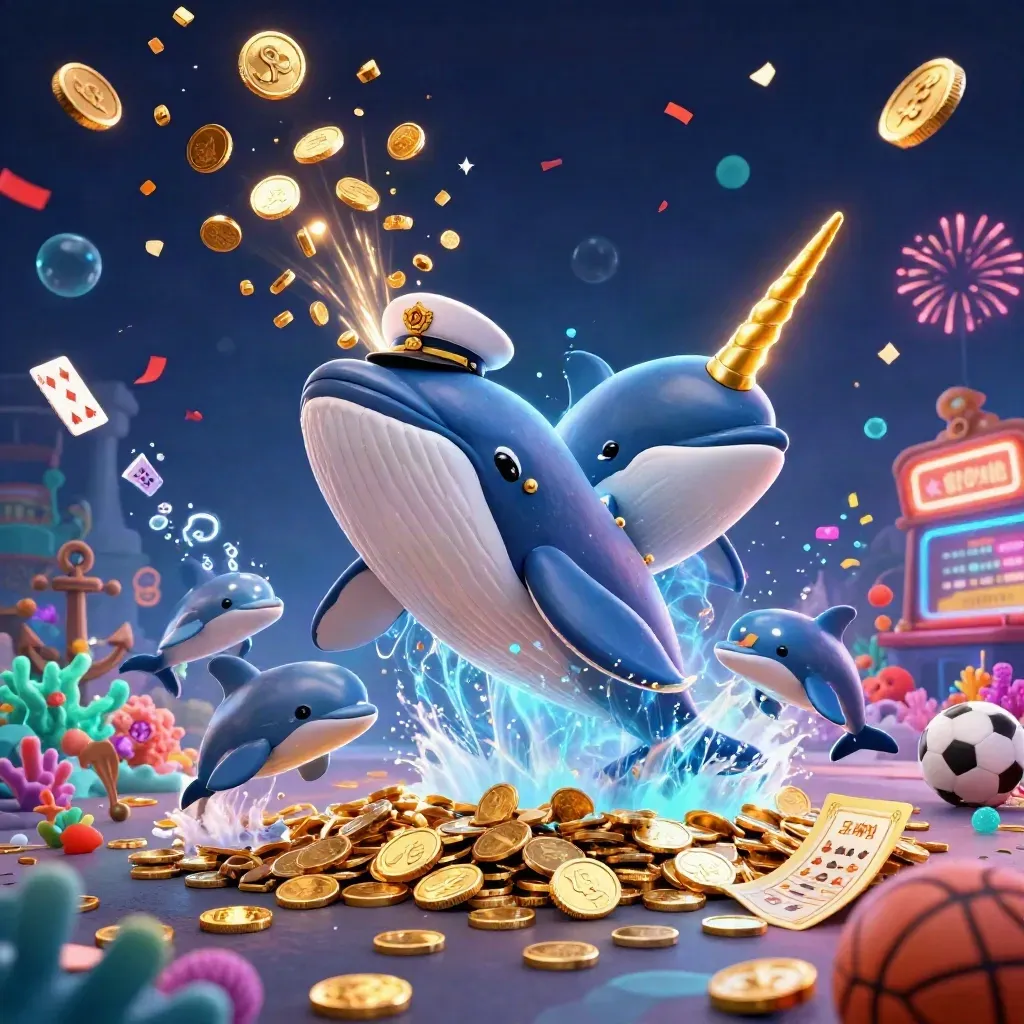 Cartoon whale captain, narwhal, and dolphins exploding from coins in a neon casino treasure cove.