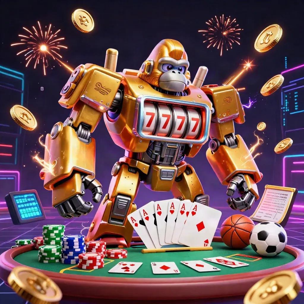 Golden gorilla mech bursting with coins, poker gear, and neon casino energy.
