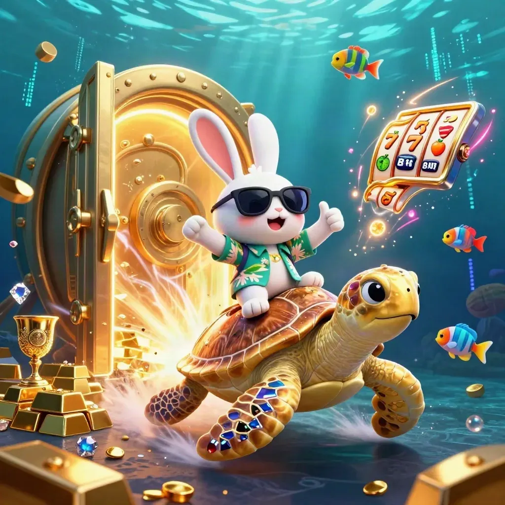 Rabbit rides a golden sea turtle underwater amid treasure, glowing vault light, gems, and slot symbols.