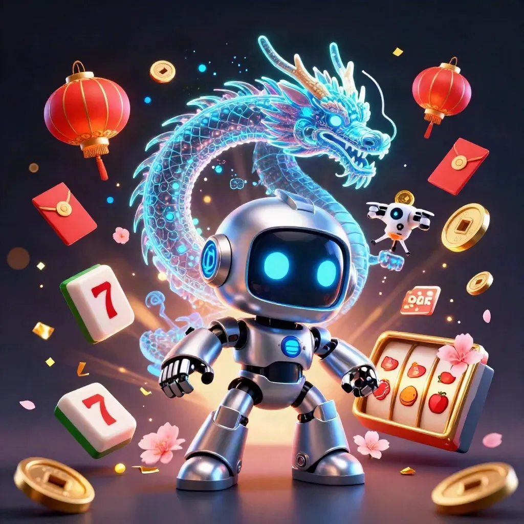 Cyberpunk robot, holographic dragon and coin drone amid casino reels, lanterns and gold sparks