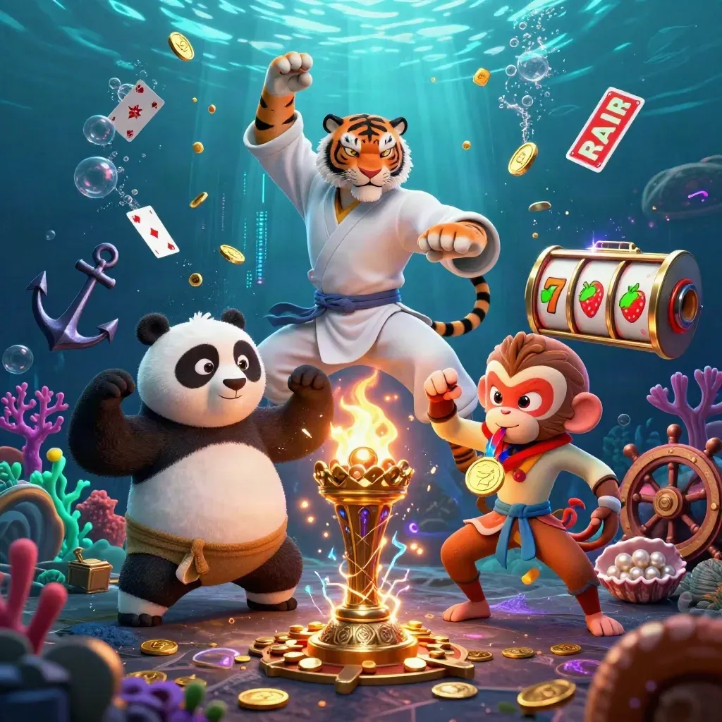 Kung-fu tiger, panda, and monkey in a glowing underwater casino treasure scene