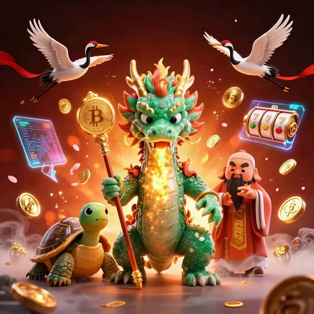 Jade dragon, turtle sage, and cranes amid casino relics, fire, coins, and neon energy.