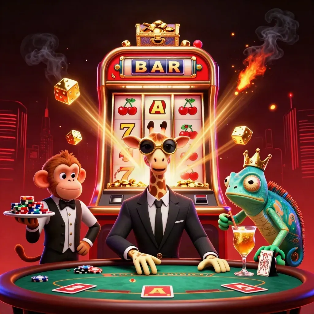 Giraffe high-roller, monkey valet, and chameleon bartender amid slot bursts and gold in neon casino light